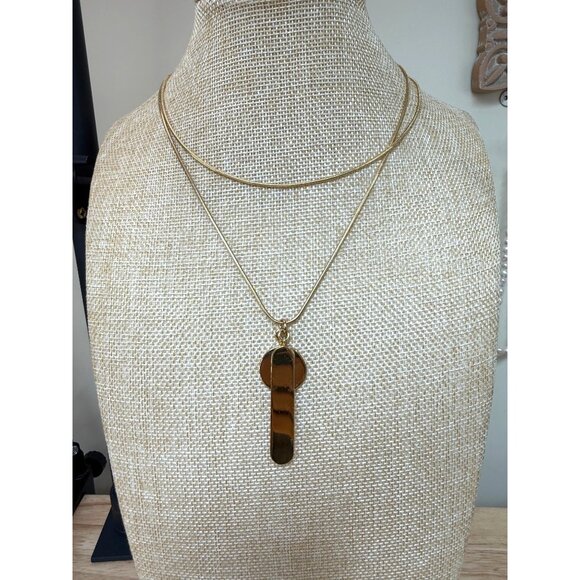 J. Crew Long Gold Tone Pendant Necklace With Double Chain & Polished Abstract Ch - Picture 1 of 7